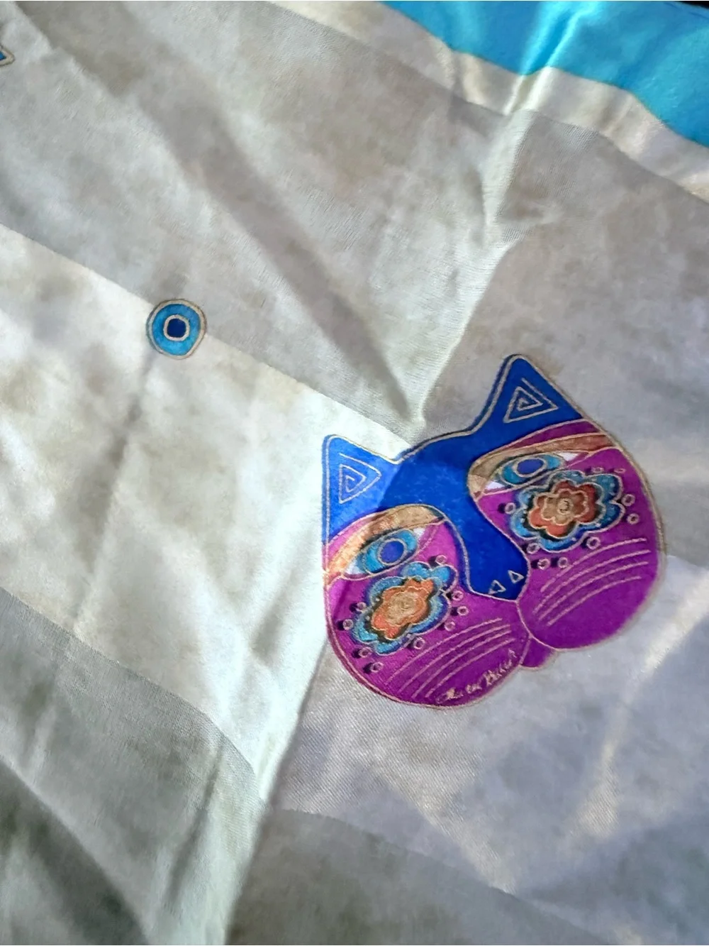 Laurel Burch Silk Scarf Vintage Cat Art Whimsical Feline Oblong 11x53 Blue⁠